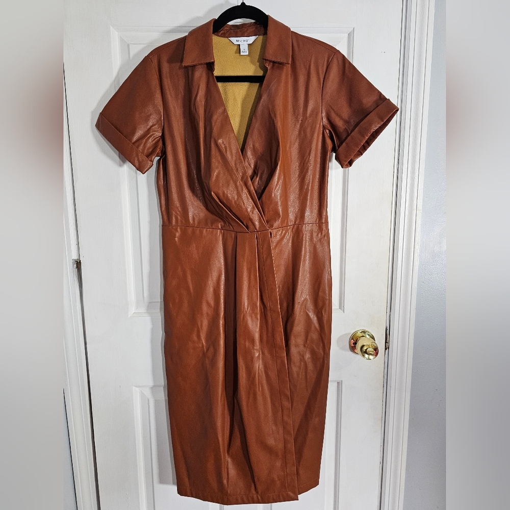 Nine West Faux-Leather Brown Midi Dress Size Medium